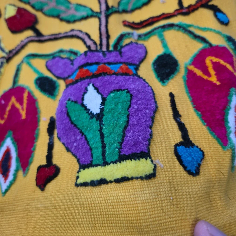 Vintage Mexican Otomi Tenango Hand Embroidered Floral Bird Textile Yellow 43x26